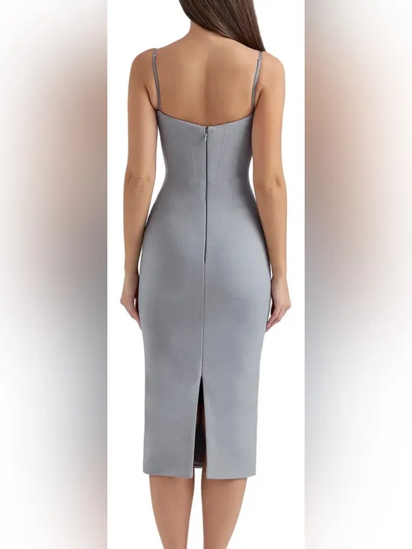 NEW House of CB KIKI Light Grey Mesh Panelled Bodycon Midi Dress sz S - Image 2