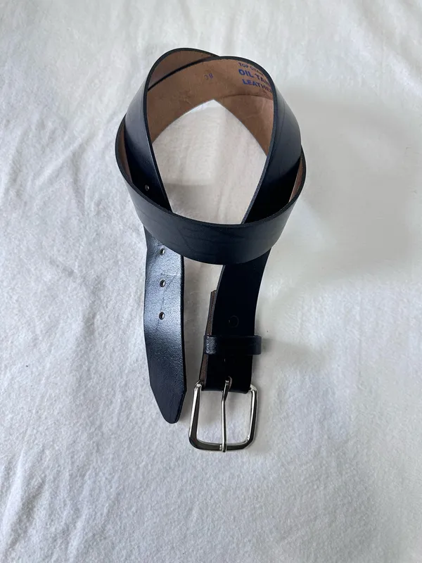 Leather Belt 38 Black Top Grain Oil Ten Leather Tooled Removable Silver Buckle - Image 5