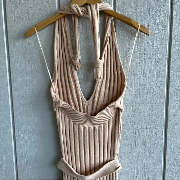 NICHOLAS Plunge‎ Neck Ribbed Cotton Knit Dress Neutral Beige Size M - Image 7