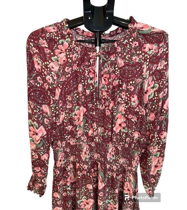 Aerie burgundy floral mini dress, gathered waist & cuffs, size L - Image 4