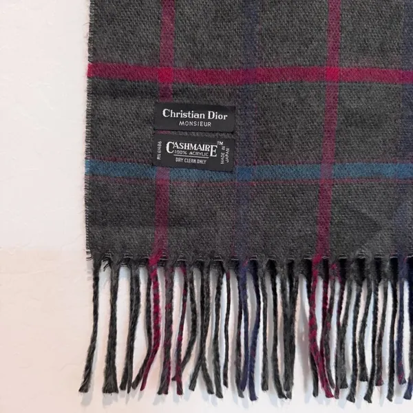 Christian Dior‎ Scarf Plaid Windowpane Cashmaire Fringe Vintage Dark Academia - Image 3