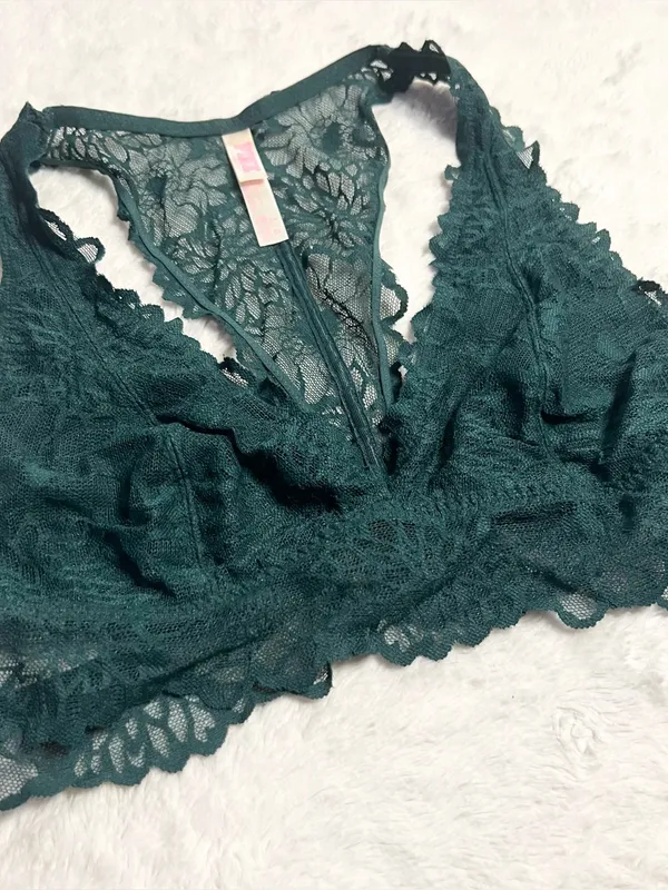 VS PINK Dark Green Lace Racerback Bralette Wireless Comfort Bra Size Large - Image 4
