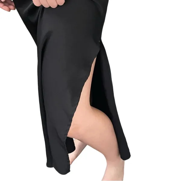 Grade & Gather Black Silky Slip Dress Gathered Side Maxi Side Slit - Image 6