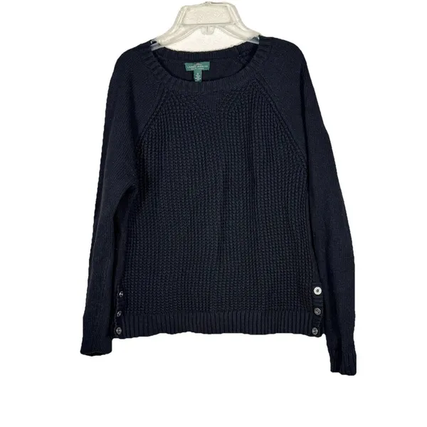 Lauren Ralph Lauren Waffle Knit Sweater M Angora Blend Button Hem Black Grunge - Image 2