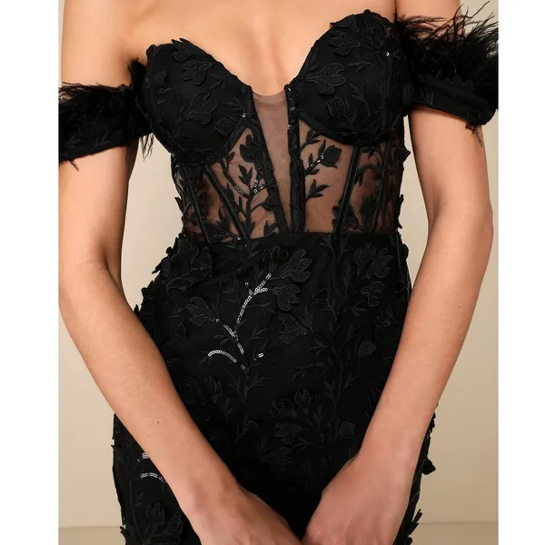 NEW Lulus Midnight Sparkle Black Embroidered Feather Bustier Maxi Dress XS - Image 2