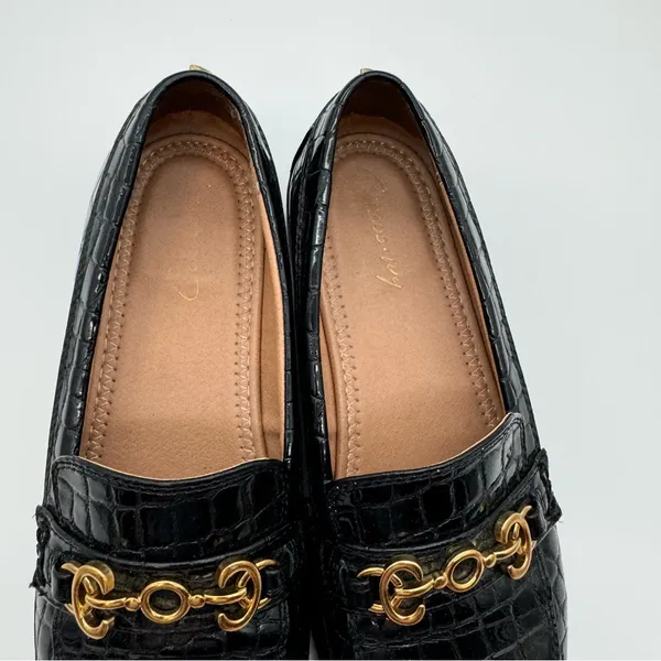 Circus by Sam Edelman Deana Lug Sole Loafers – Black Croc-Embossed,Gold Hardware - Image 8