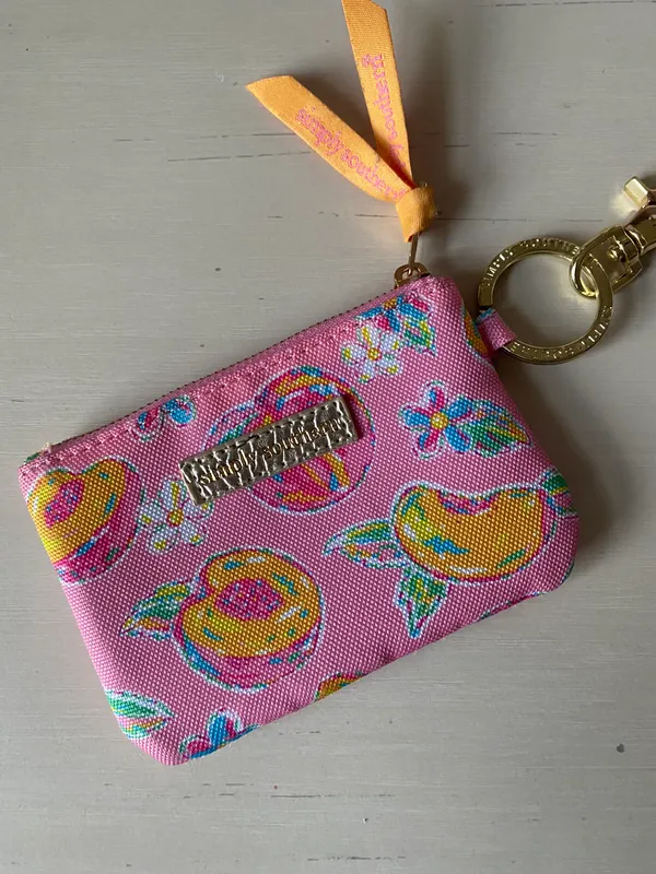 Simply Southern pink and orange peach fruit print gold tone key ring / ID wallet - Image 4