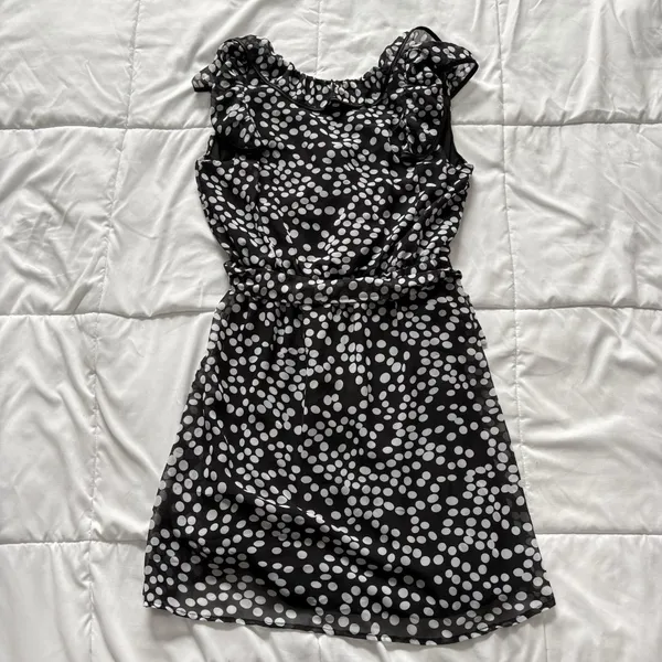 Vintage Mini Dress‎ Womens Large Black White Polka Dot 90s Y2K Belted Ruffle - Image 10