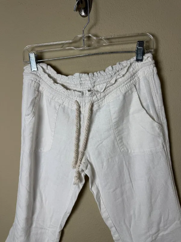 ROXY White Linen Drawstring Wide Leg White Pants Trousers Size Small - Image 2