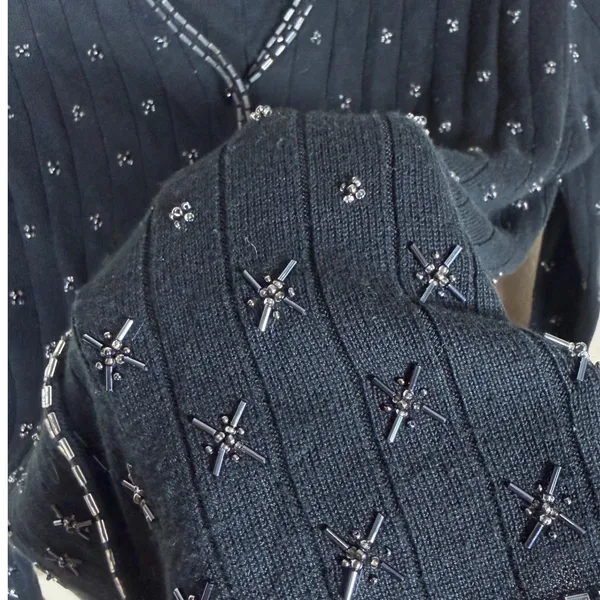 Claudia D Womens Black Beaded Ribbed Cardigan Top Vintage L - Image 5