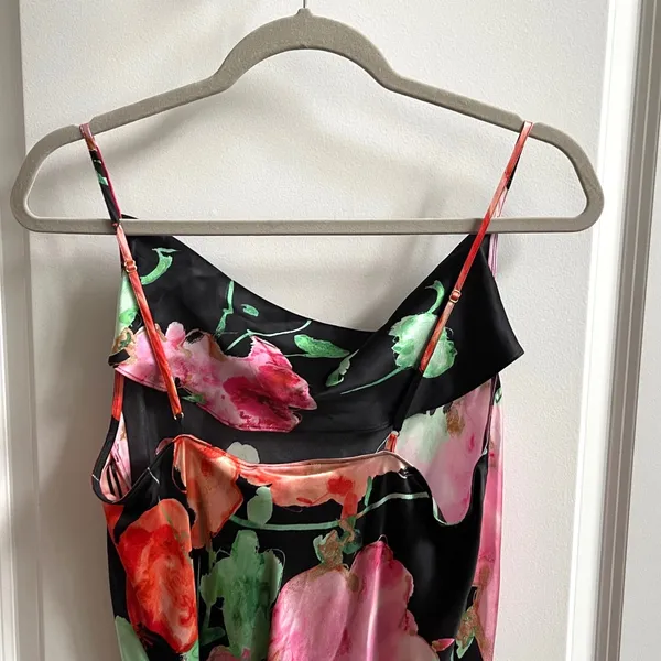 Josie Natori Silk Slip Dress Womens L Black Peony Blossom Floral Bias Cut Midi - Image 5
