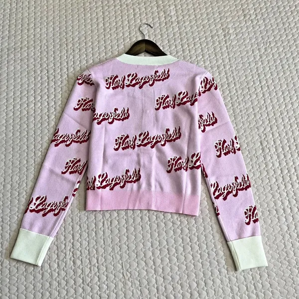 $399 NWT Karl Lagerfeld Pink Logo Cropped Cardigan Crystal Buttons Wool Blend - Image 9