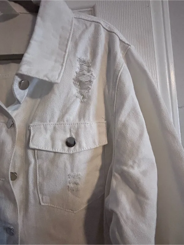 White Distressed Long Denim Jacket - Women's - Image 3