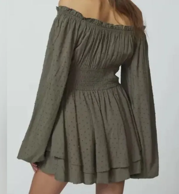 #13 NWOT Urban Outfitters Clip Dot Smocked Long Sleeve Romper in Olive - Image 2