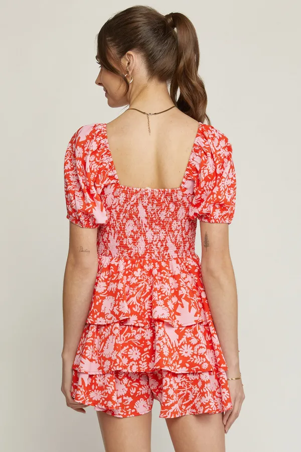 Entro Floral Patterned Smocked Puff Sleeve Ruffle Skirt Romper Dress - Image 4