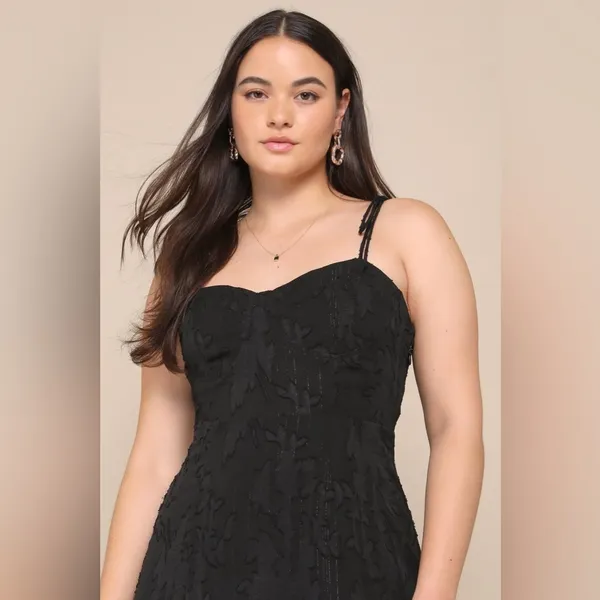 LULU’S Loveliest Looks Black Floral Jacquard Tie-Strap Midi Dress - Image 3