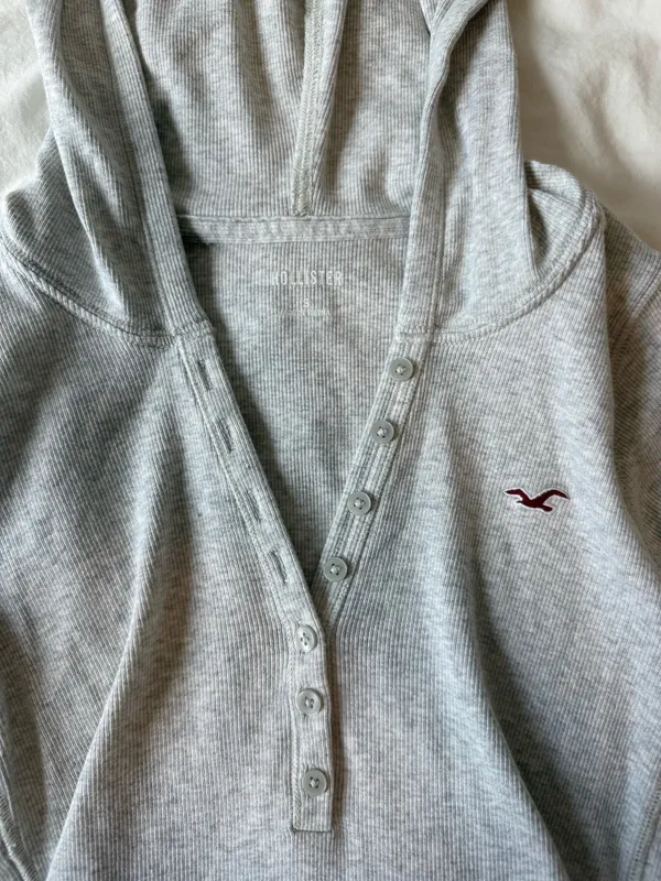 Hollister Gray Hooded Long Sleeve Henley - Image 3