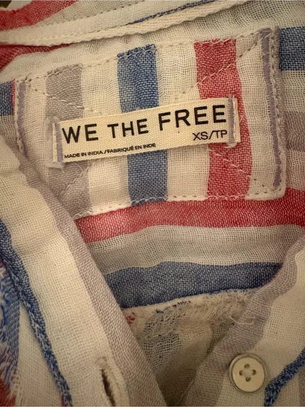 Free People Striped Button-Down 100% Cotton Shirt in White, Red & Blue - Image 4