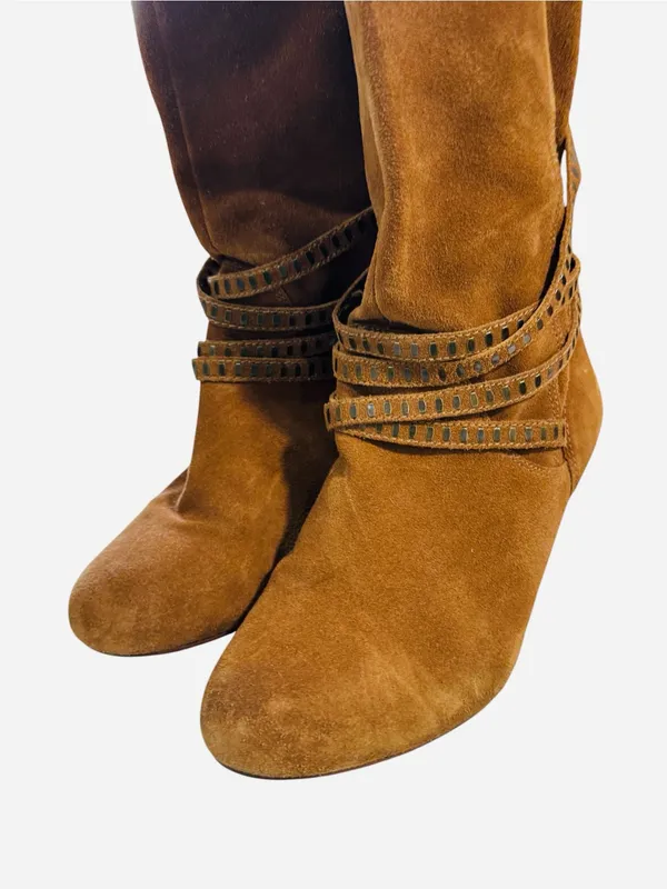 EXPRESS Suede Studded Strappy Cone Heel Boots Brown Sz 10 90’s, Y2K, Carmel - Image 6