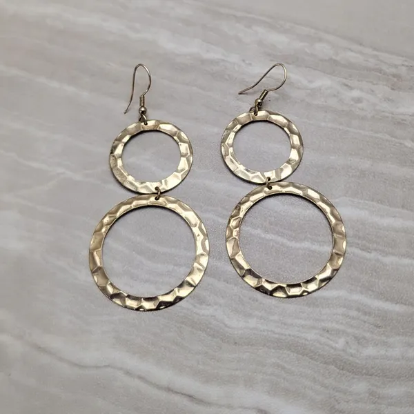 Vintage Hook Earrings Very Long Gold Tone Hammered Pattern - Fair Condition - Image 3