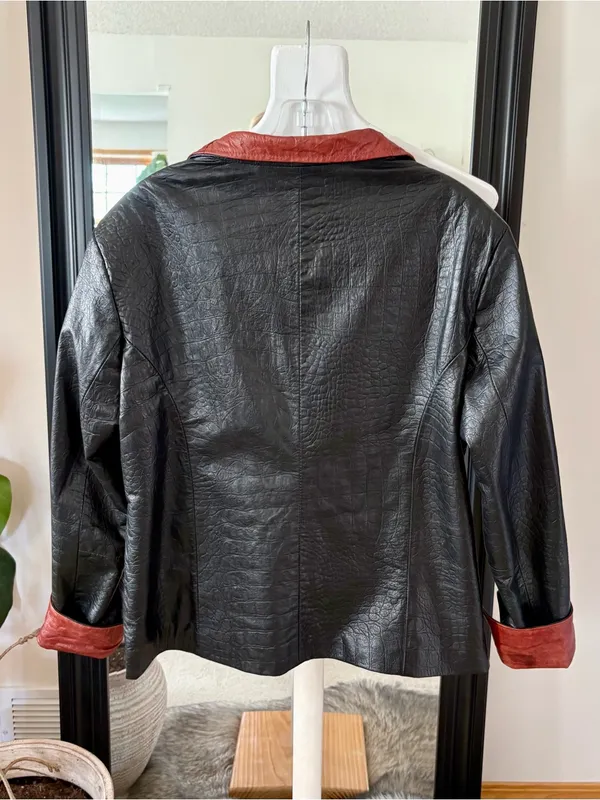 VERA PELLE Black & Rust Brown Alligator Print Leather Jacket - Image 3