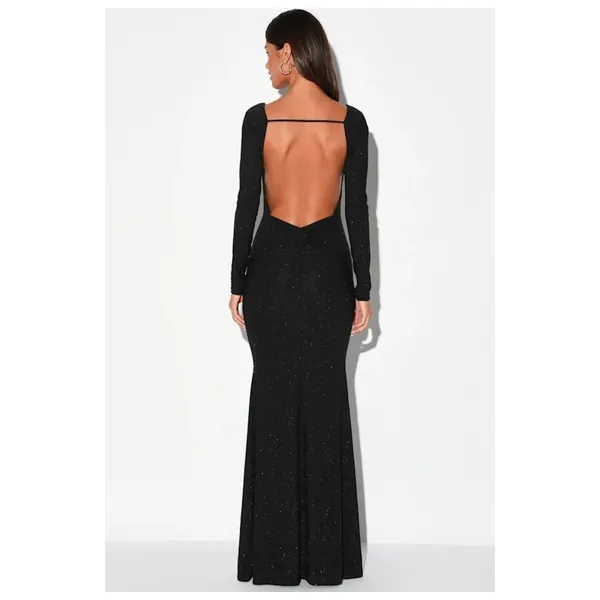 NWT Lulus Glamorous in Glitter Black Long Sleeve Backless Maxi Dress Gala Sz XS - Image 4