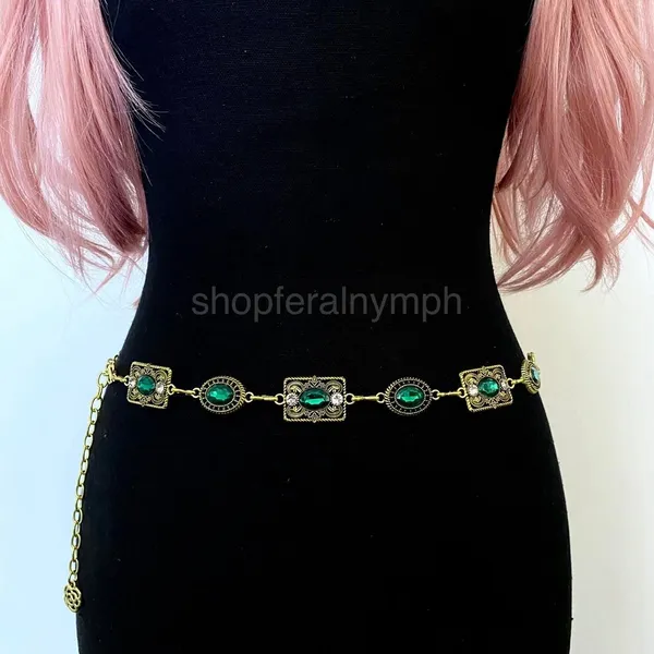 Gold Y2K Emerald Green Jewel Whimsygoth Chain Belt, Fits 26-35 Inches, X7GA1382 - Image 2