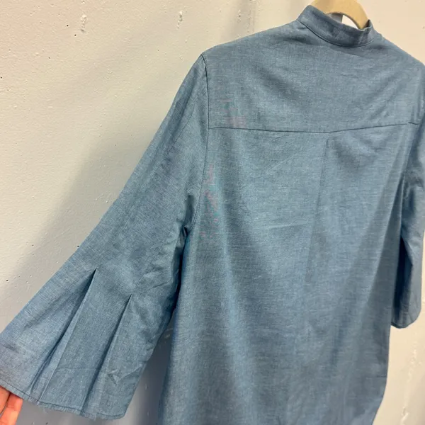 Akris Punto Blue Chambray Mandarin Collar Pleated Sleeve Blouse 4 Quiet Luxury - Image 6