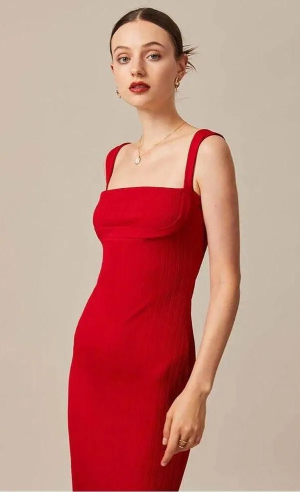 RIHOAS The Red Square Neck Ribbed Midi Dress S - Image 4