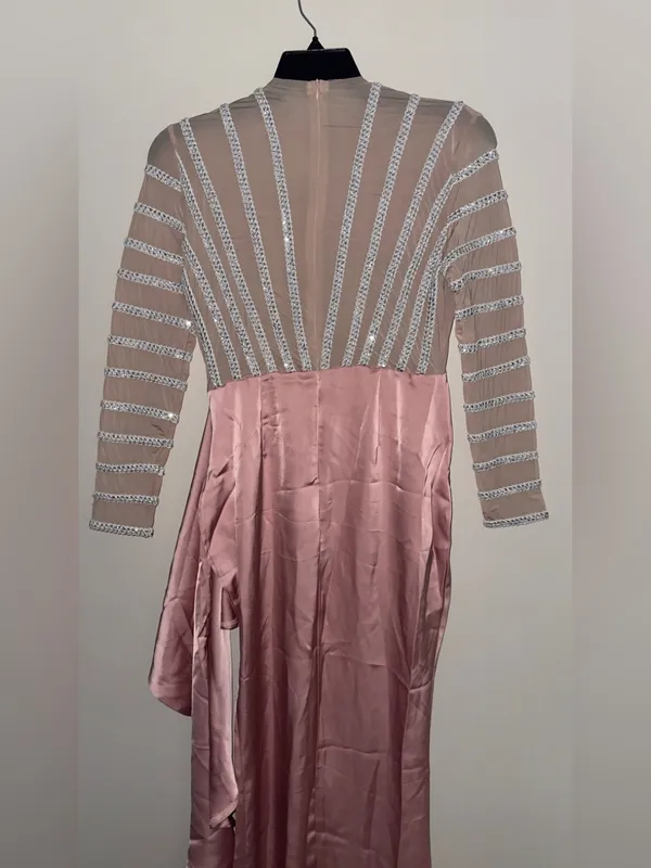 Pink Mesh Bodice Satin Skirt Evening Dress - Image 3