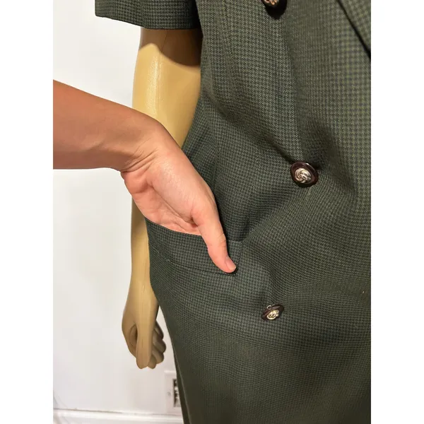 Kasper for ASL Vintage Olive Green Houndstooth Double Breasted Coat Dress 12 - Image 8