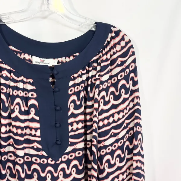 Vineyard Vines Large Top Silk Navy Blue Pink Fish Stripe Print‎ Long Sleeve 635 - Image 4