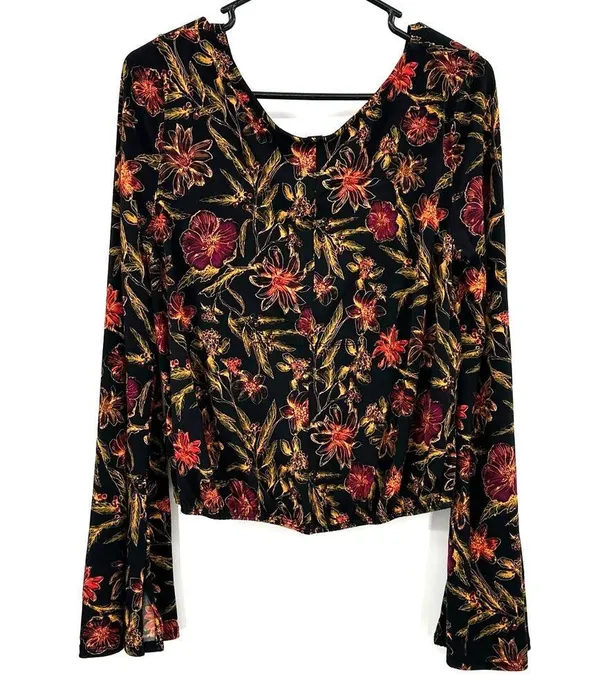 Free People Size M Scoop Neck Long Bell Sleeve Top Black and Yellow Floral Print - Image 2