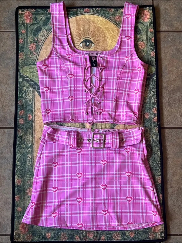 Dolls Kill bratz set Pink Plaid Lace-Up Crop Top & Belted Mini Skirt Set - Image 2