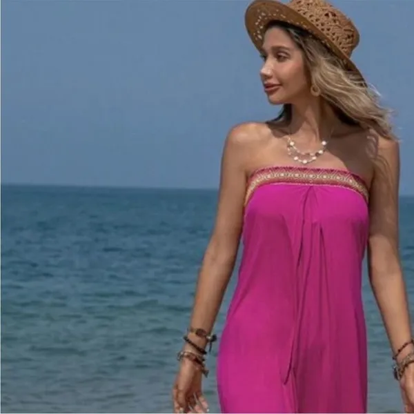 NWT Rusttydustty Hot Pink Geometric Embroidered Tube Top Wide Leg Jumpsuit M‎ - Image 4