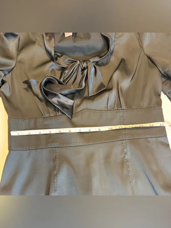 Phoebe Couture Blk Satin Tie Neck Cocktail Dress Flutter Sleeve Ruffle Hem Size8 - Image 12