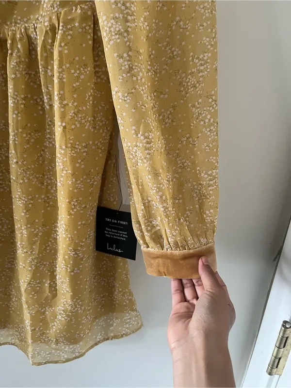 NWT Lulus Mustard Yellow Floral Ruffle Mini Dress Medium Cottagecore Romantic - Image 5
