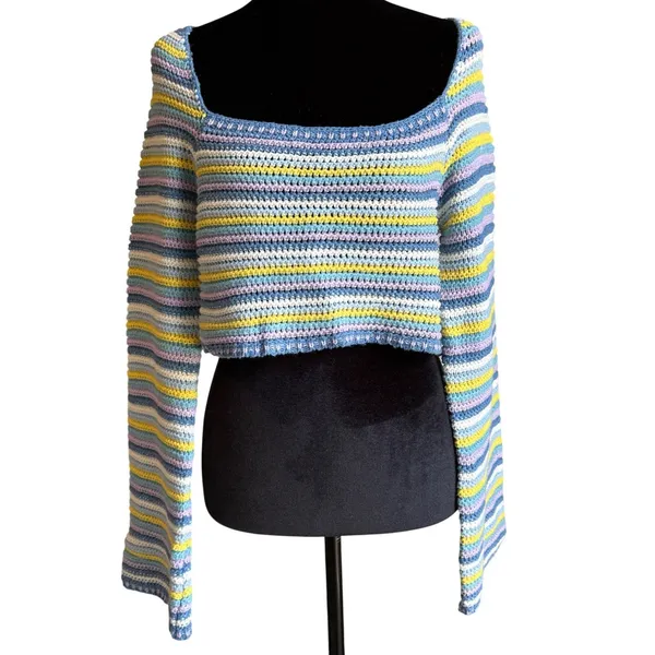 Altar'd State Womens Striped‎ Crochet Knit Cropped Sweater Blue Purple Yellow M - Image 4