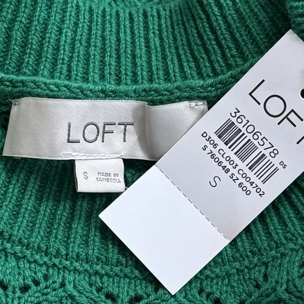 NEW LOFT‎ Green Eyelet Knit Crewneck Sweater Long Sleeve Spring Cozy Preppy S - Image 7