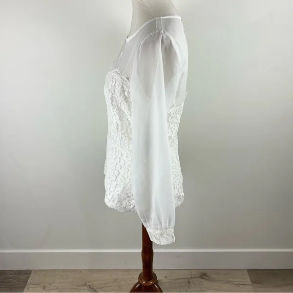 New York & Company White Lace Sheer Long Sleeve Blouse Small - Image 10