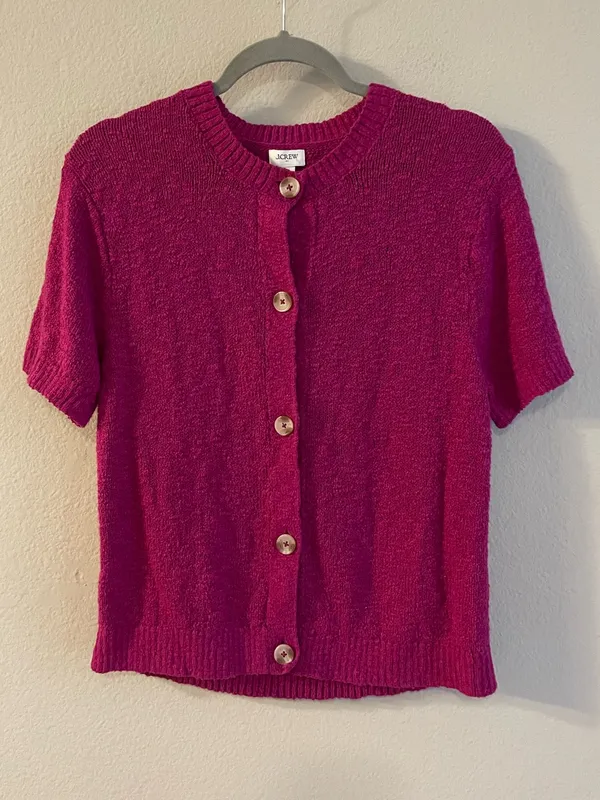 J. Crew Sweet Magenta Short Sleeve Slub Cardigan Sweater Top Size Medium - Image 2