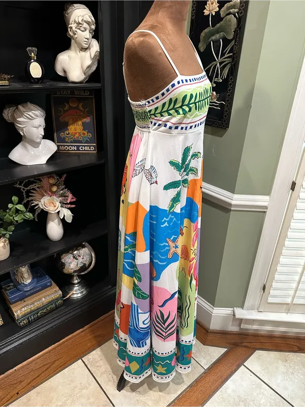 Tropical Spaghetti Strap Maxi Dress – Size Small Blue - Image 5