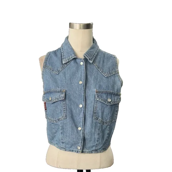 Vintage 90s Unionbay Cropped Denim Vest Snap Front Blue Jean Women's S/M Y2K - Image 13