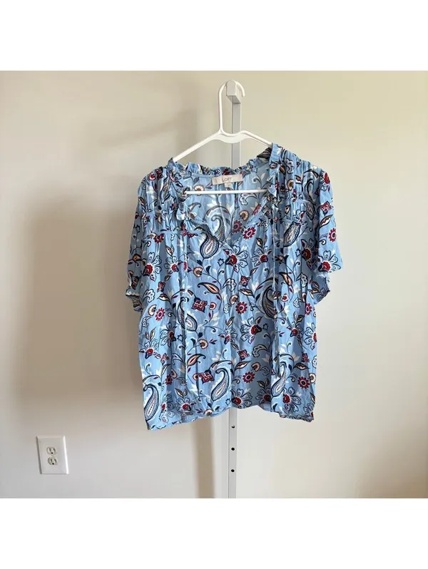 Loft EUC Women's Blue Floral Paisley V-Neck Front Tie Blouse Size L - Image 2