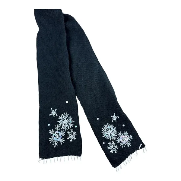 White Stag Vintage Snowflake Beaded Cardigan Sweater Black XL Scarf Christmas - Image 3