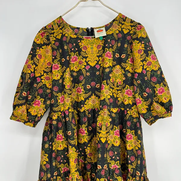 Farm Rio Arabesque Floral Mini Dress Puff Sleeve Tiered Black Yellow Large - Image 13