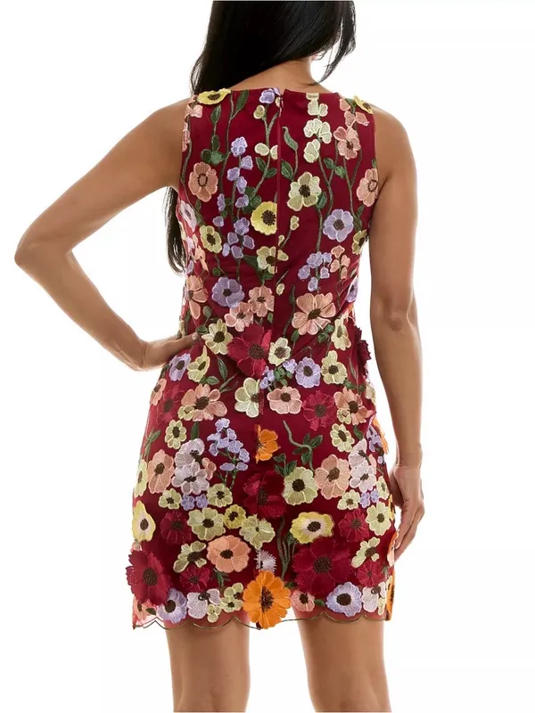 Nina Leonard Burgundy Floral Embroidered Midi Dress - Image 2