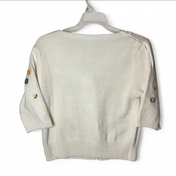 Grandmacore Floral Cardigan Sweater Womens M White Embroidered Knit V-Neck - Image 2