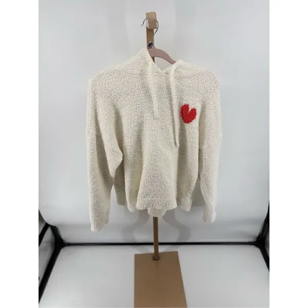 Aerie Fleece Hoodie Sweatshirt Heart Detail Cream Size Medium - Image 10