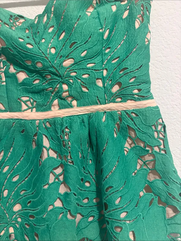 Judith March Small Strapless Green Lace Peplum top with Nude Underlay - Image 2